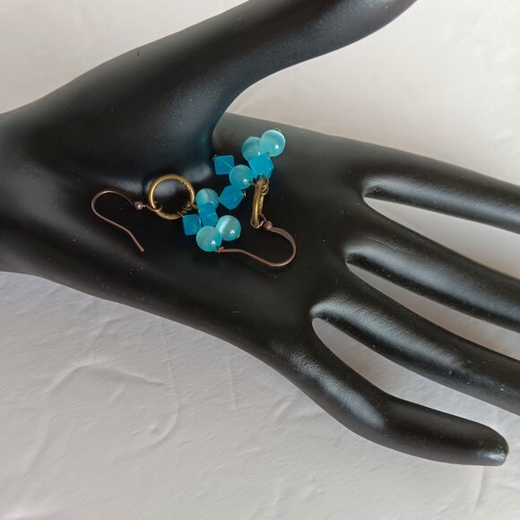 Small Handmade Beaded Earrings With Blue Agate Beads on Copper Fishhook Wires - Picture 8 of 16